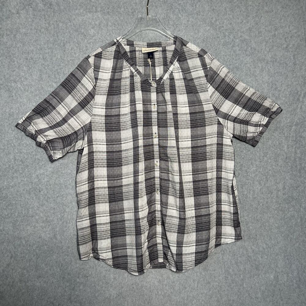 NWT Universal Thread Womens XL Plaid Button Front Blouse Gray White Puff Sleeve
